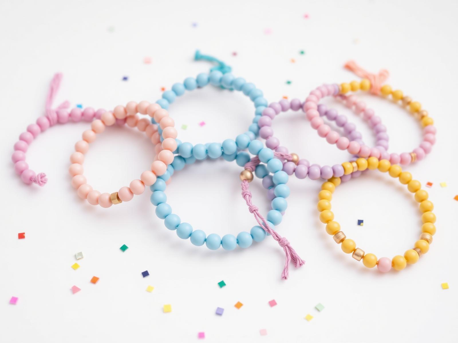 Colorful handmade beaded bracelets on a soft white background