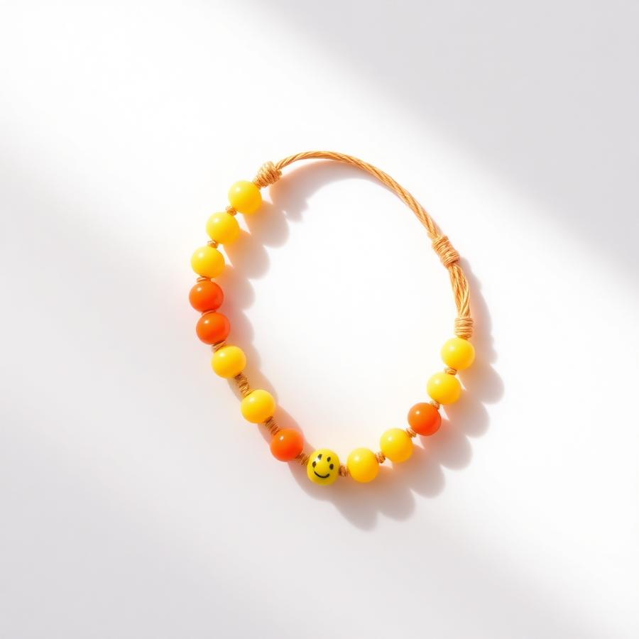 Sunshine Days handmade beaded bracelet β Warm yellows and oranges with a smiley face bead.